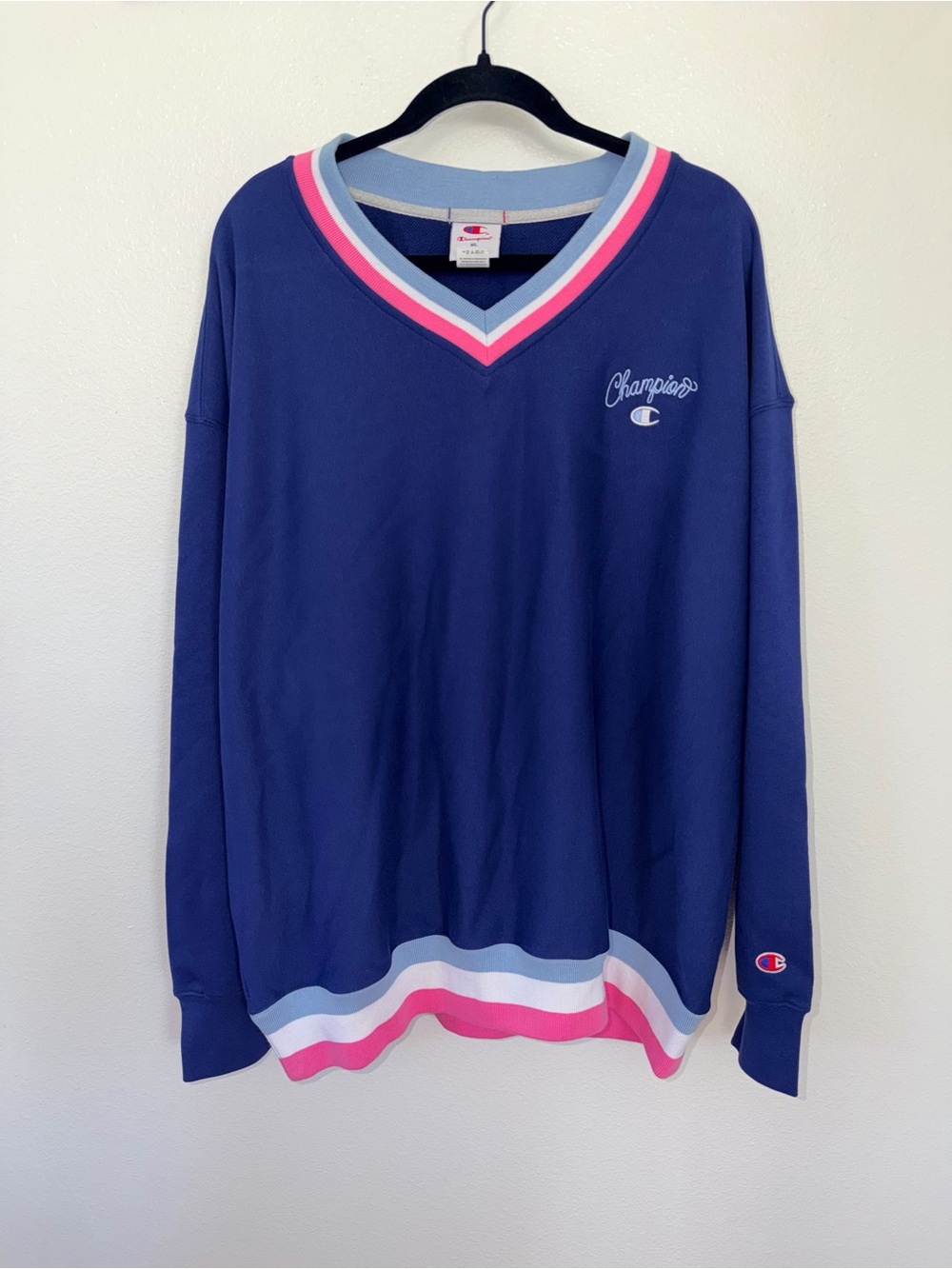 Champion Men’s Navy V-Neck Sweater with Pink & Light Blue Trim